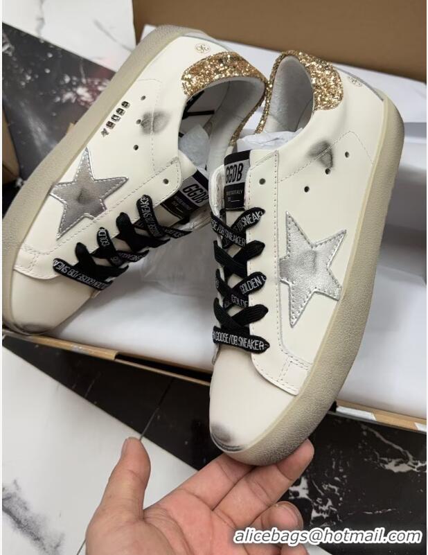 Best Quality Golden Goose Womens Leather Super-Star With Glittery Heel Tab G84123 White