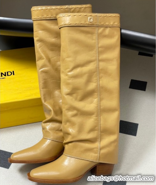 Unique Style Fendi Show Heel High Boots 7cm in Crinkled Leather Yellow 0822120