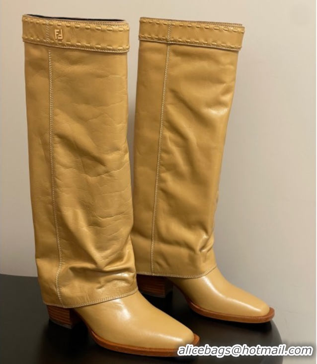Unique Style Fendi Show Heel High Boots 7cm in Crinkled Leather Yellow 0822120