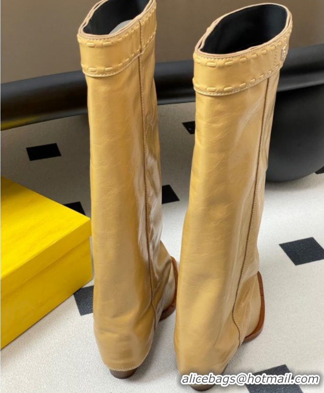 Unique Style Fendi Show Heel High Boots 7cm in Crinkled Leather Yellow 0822120