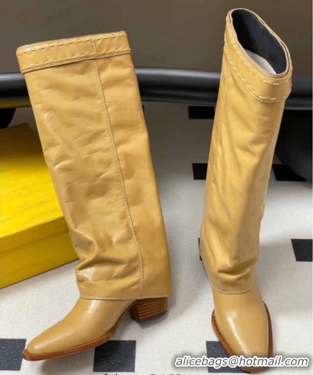Unique Style Fendi Show Heel High Boots 7cm in Crinkled Leather Yellow 0822120