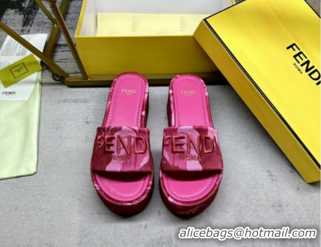 Popular Style Fendi Sunshine Platform Slides Sandal 6cm in Printed Canvas Dark Pink 0822121