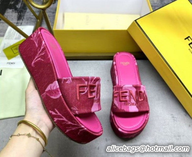 Popular Style Fendi Sunshine Platform Slides Sandal 6cm in Printed Canvas Dark Pink 0822121
