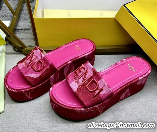 Popular Style Fendi Sunshine Platform Slides Sandal 6cm in Printed Canvas Dark Pink 0822121