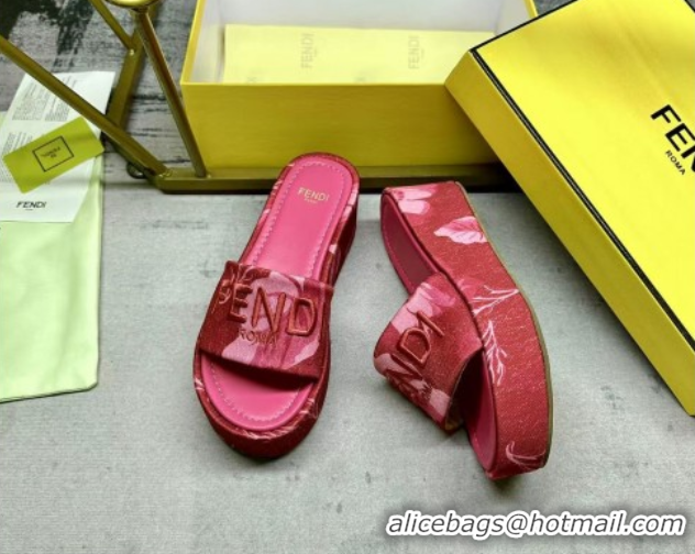 Popular Style Fendi Sunshine Platform Slides Sandal 6cm in Printed Canvas Dark Pink 0822121