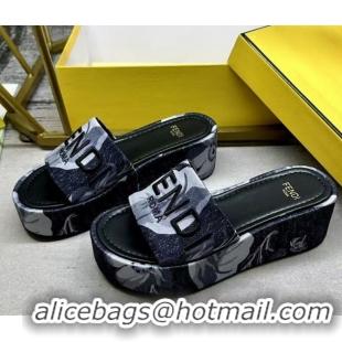 Good Quality Fendi Sunshine Platform Slides Sandal 6cm in Printed Canvas Black 0822122