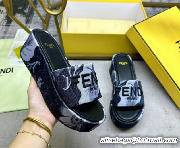 Good Quality Fendi Sunshine Platform Slides Sandal 6cm in Printed Canvas Black 0822122