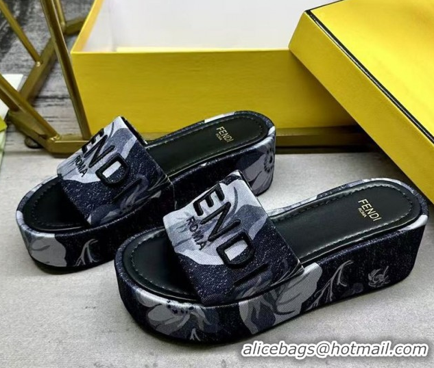 Good Quality Fendi Sunshine Platform Slides Sandal 6cm in Printed Canvas Black 0822122