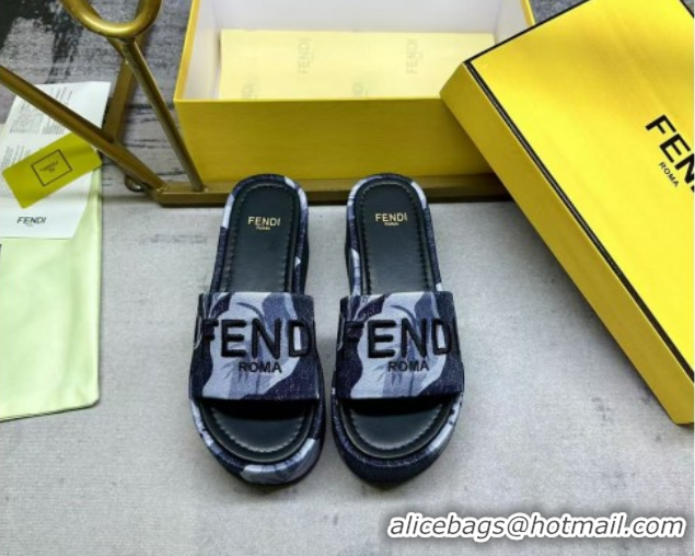 Good Quality Fendi Sunshine Platform Slides Sandal 6cm in Printed Canvas Black 0822122