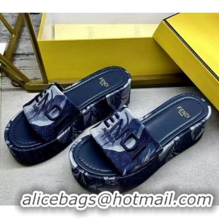 Grade Quality Fendi Sunshine Platform Slides Sandal 6cm in Printed Canvas Dark Blue 0822123