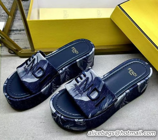 Grade Quality Fendi Sunshine Platform Slides Sandal 6cm in Printed Canvas Dark Blue 0822123