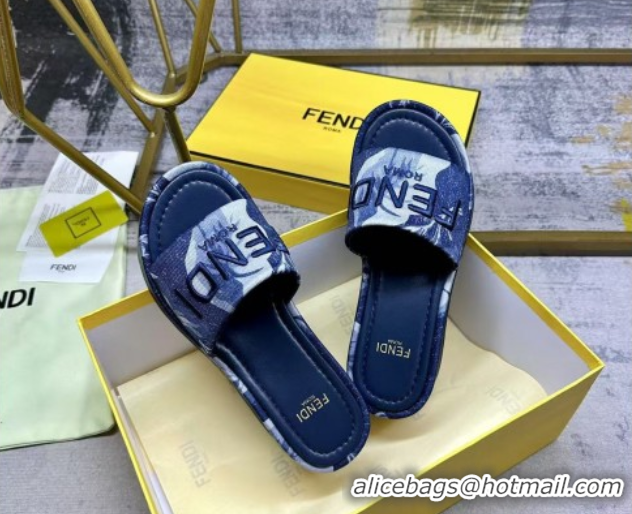 Grade Quality Fendi Sunshine Platform Slides Sandal 6cm in Printed Canvas Dark Blue 0822123