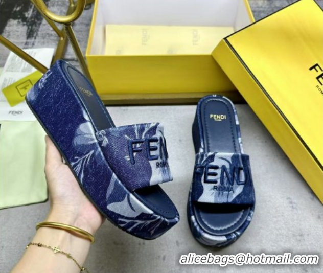 Grade Quality Fendi Sunshine Platform Slides Sandal 6cm in Printed Canvas Dark Blue 0822123