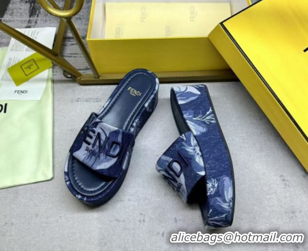 Grade Quality Fendi Sunshine Platform Slides Sandal 6cm in Printed Canvas Dark Blue 0822123