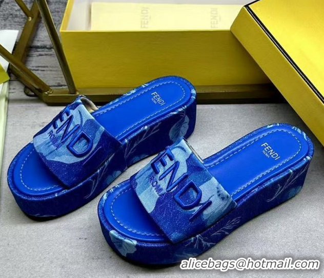 Low Price Fendi Sunshine Platform Slides Sandal 6cm in Printed Canvas Sky Blue 0822124