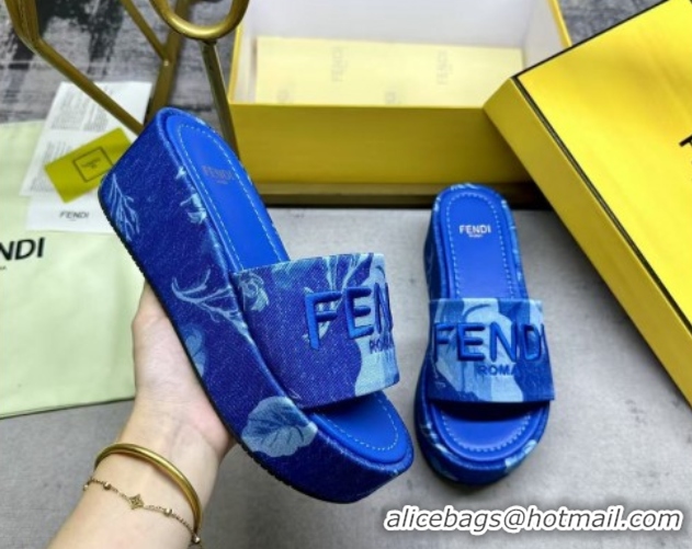 Low Price Fendi Sunshine Platform Slides Sandal 6cm in Printed Canvas Sky Blue 0822124