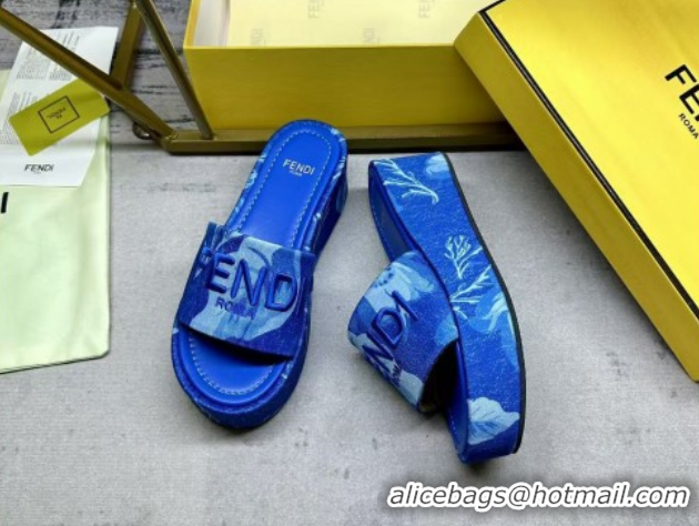 Low Price Fendi Sunshine Platform Slides Sandal 6cm in Printed Canvas Sky Blue 0822124