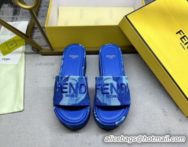 Low Price Fendi Sunshine Platform Slides Sandal 6cm in Printed Canvas Sky Blue 0822124