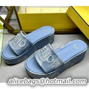 Good Looking Fendi Sunshine Platform Slides Sandal 6cm in Printed Canvas Light Blue 0822125