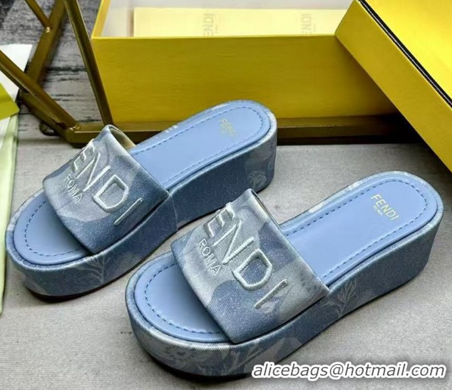Good Looking Fendi Sunshine Platform Slides Sandal 6cm in Printed Canvas Light Blue 0822125