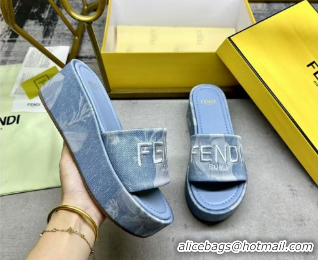 Good Looking Fendi Sunshine Platform Slides Sandal 6cm in Printed Canvas Light Blue 0822125