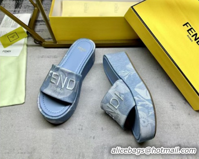 Good Looking Fendi Sunshine Platform Slides Sandal 6cm in Printed Canvas Light Blue 0822125