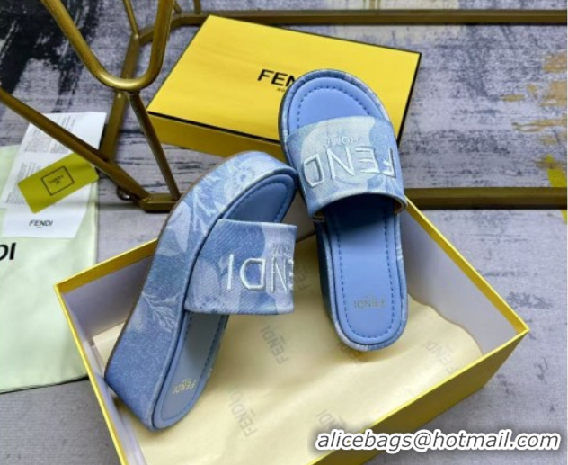 Good Looking Fendi Sunshine Platform Slides Sandal 6cm in Printed Canvas Light Blue 0822125