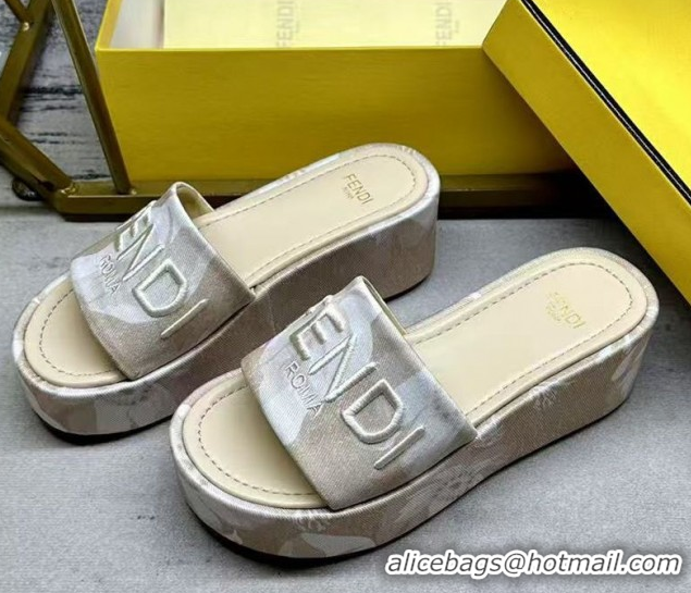 Top Grade Fendi Sunshine Platform Slides Sandal 6cm in Printed Canvas Beige 0822126
