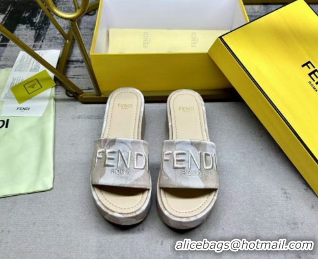 Top Grade Fendi Sunshine Platform Slides Sandal 6cm in Printed Canvas Beige 0822126