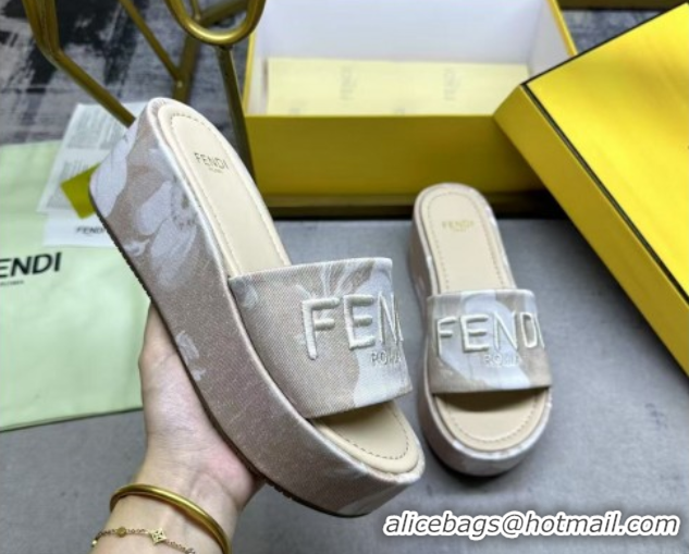 Top Grade Fendi Sunshine Platform Slides Sandal 6cm in Printed Canvas Beige 0822126