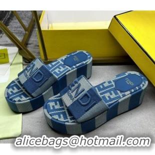 Best Product Fendi Sunshine Platform Slides Sandal 6cm in Striped Denim-effect Jacquard Blue 0822127