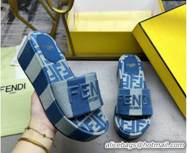 Best Product Fendi Sunshine Platform Slides Sandal 6cm in Striped Denim-effect Jacquard Blue 0822127