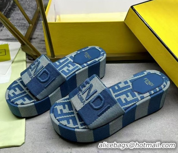 Best Product Fendi Sunshine Platform Slides Sandal 6cm in Striped Denim-effect Jacquard Blue 0822127