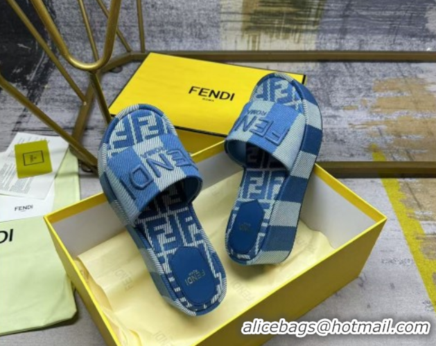 Best Product Fendi Sunshine Platform Slides Sandal 6cm in Striped Denim-effect Jacquard Blue 0822127