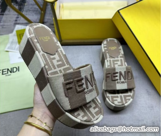Shop Duplicate Fendi Sunshine Platform Slides Sandal 6cm in Striped Denim-effect Jacquard Grey 0822128