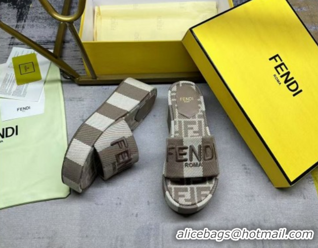 Shop Duplicate Fendi Sunshine Platform Slides Sandal 6cm in Striped Denim-effect Jacquard Grey 0822128
