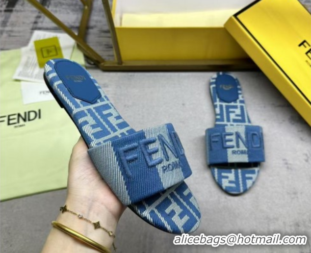 Most Popular Fendi Sunshine Flat Slides Sandal in Striped Denim-effect Jacquard Blue 0822129