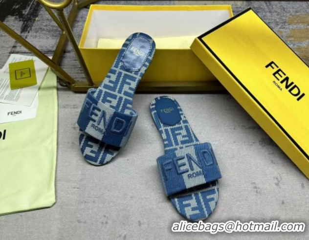 Most Popular Fendi Sunshine Flat Slides Sandal in Striped Denim-effect Jacquard Blue 0822129