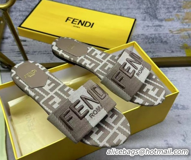 Classic Hot Fendi Sunshine Flat Slides Sandal in Striped Denim-effect Jacquard Grey 0822130
