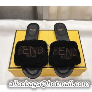 Pretty Style Fendi Shearling Flat Slides Sandal Black FE0822