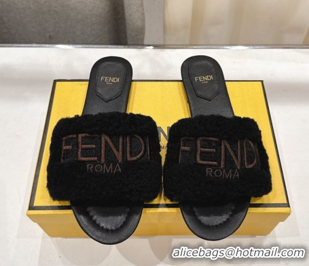 Pretty Style Fendi Shearling Flat Slides Sandal Black FE0822