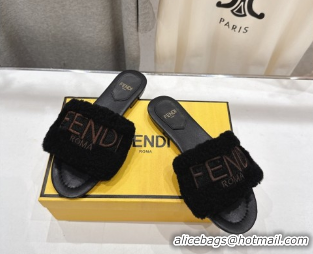 Pretty Style Fendi Shearling Flat Slides Sandal Black FE0822