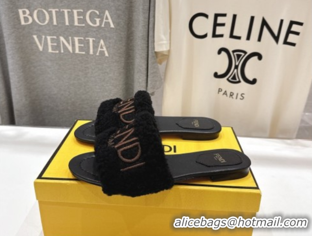 Pretty Style Fendi Shearling Flat Slides Sandal Black FE0822