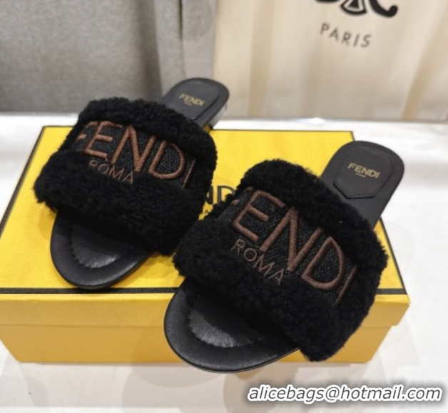 Pretty Style Fendi Shearling Flat Slides Sandal Black FE0822