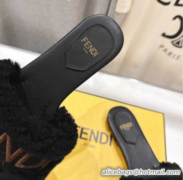 Pretty Style Fendi Shearling Flat Slides Sandal Black FE0822