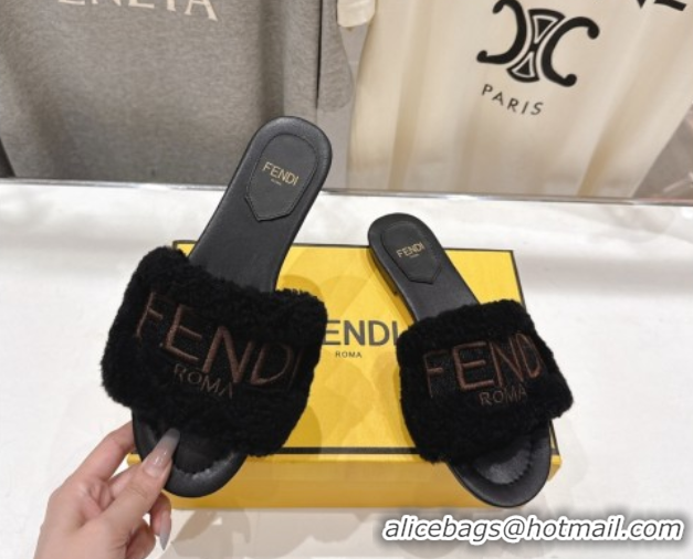 Pretty Style Fendi Shearling Flat Slides Sandal Black FE0822