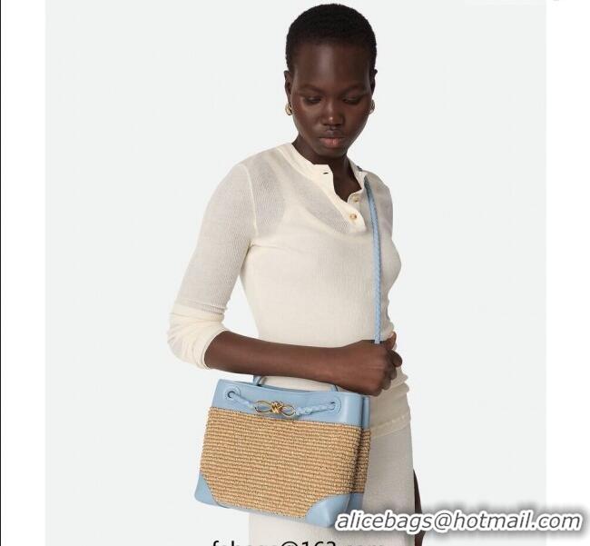 Top Design Bottega Veneta Small Andiamo Top Handle Bag in Raffia Straw and Leather 743568 Ice Blue 2025