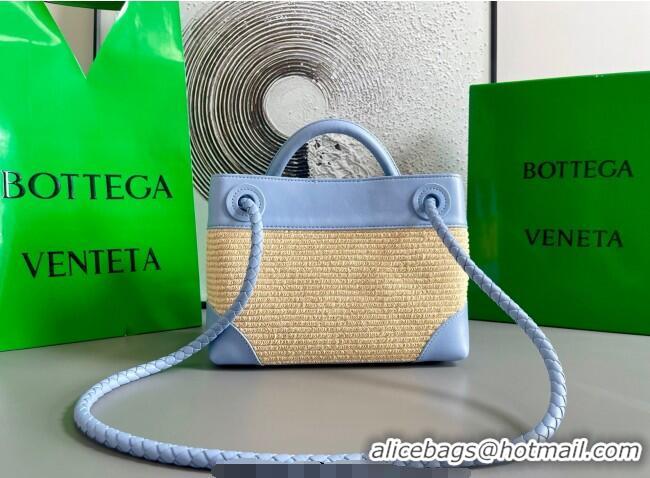Top Design Bottega Veneta Small Andiamo Top Handle Bag in Raffia Straw and Leather 743568 Ice Blue 2025