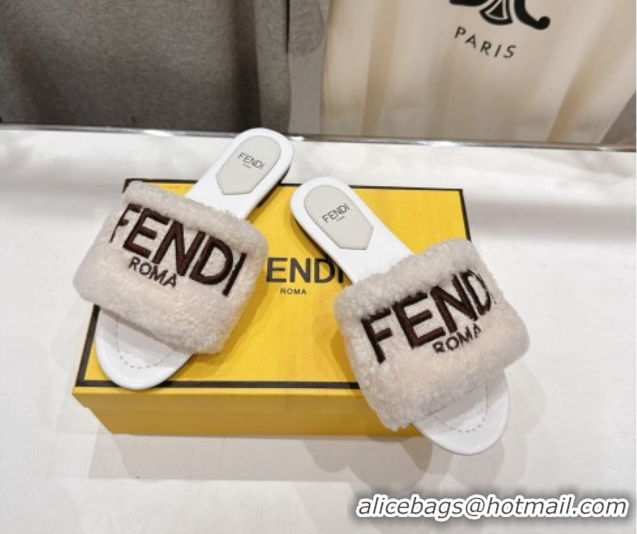 Best Price Fendi Shearling Flat Slides Sandal White FE0822
