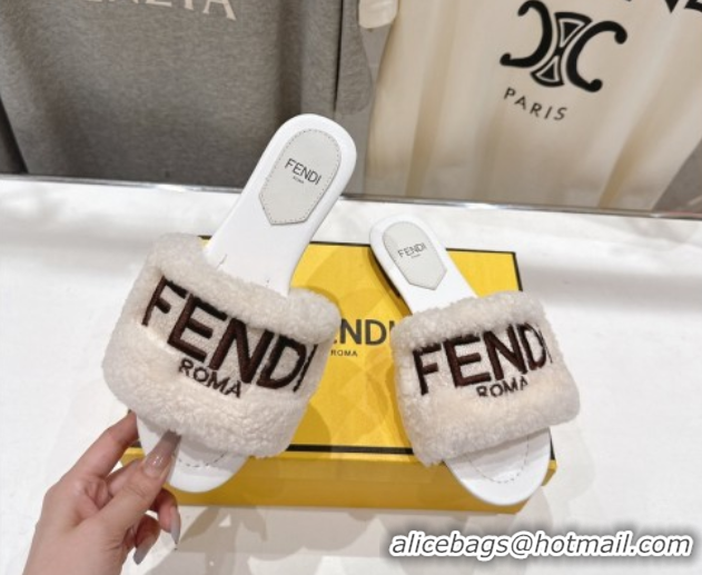 Best Price Fendi Shearling Flat Slides Sandal White FE0822